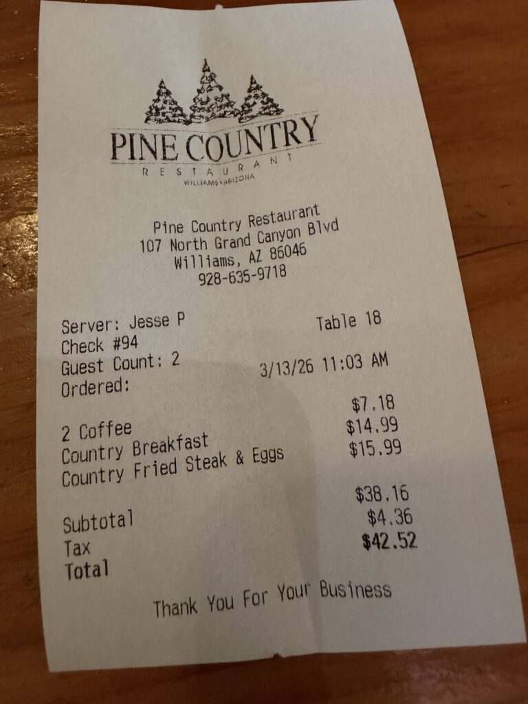 Kassenbon Pine Country Restaurant Williams Arizona – Frühstück für zwei Personen 42,52 USD