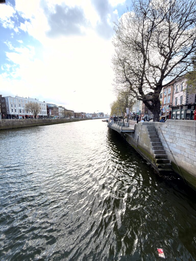 Blick entlang des Liffey-Ufers in Dublin mit Häuserzeile und Steintreppe