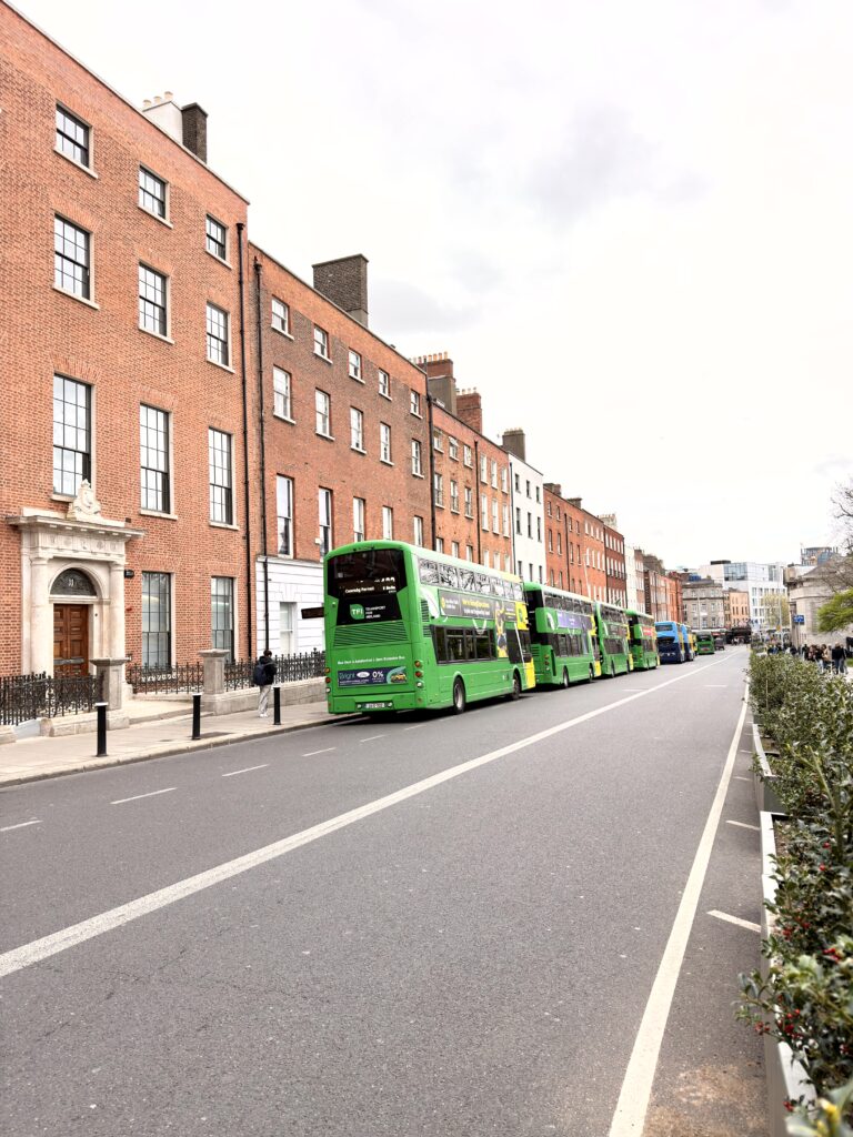 Grüne Doppeldeckerbusse des öffentlichen Nahverkehrs stehen beim Streik in einer Reihe am Straßenrand in Dublin