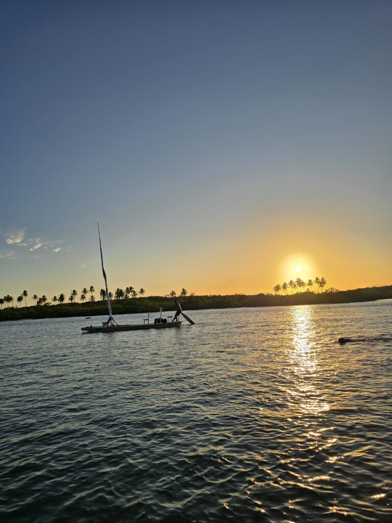 Segelboot auf dem Rio Maracaipe bei Sonnenuntergang mit Palmensilhouetten und goldenem Himmel