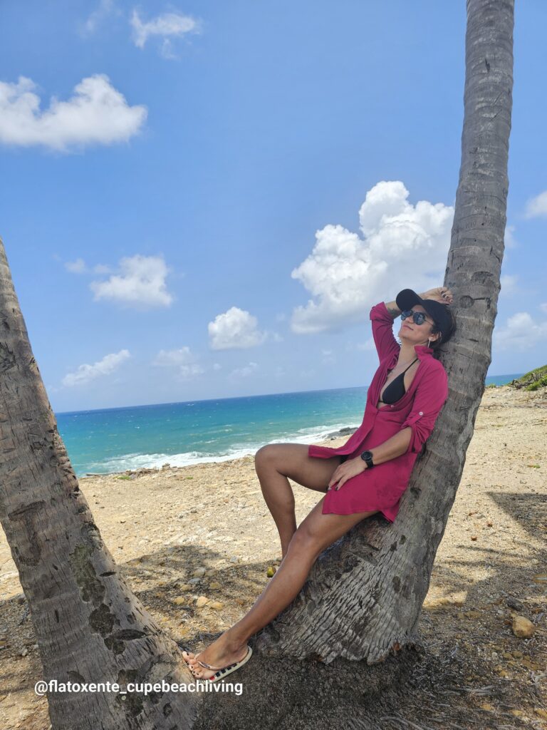 Frau in pinkem Kleid lehnt an einer schrägen Palme mit Blick auf das türkisfarbene Meer bei der Ilha de Santo Aleixo