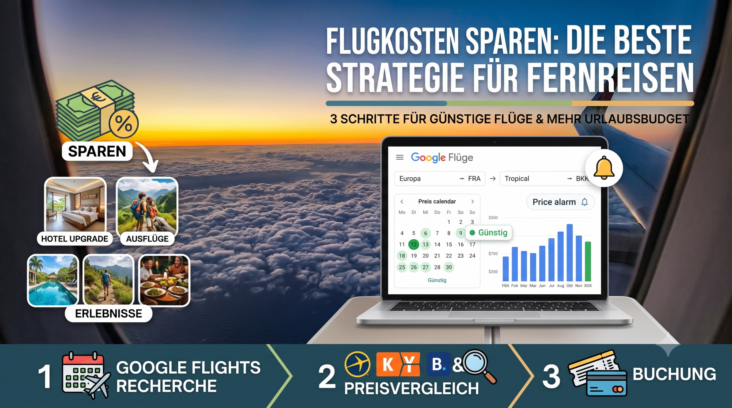 Infografik zur Flugkosten-Spar-Strategie: Blick aus dem Flugzeugfenster über den Wolken, Laptop mit Google Flights Preiskalender, Geldscheine mit Prozentzeichen und die drei Schritte Google Flights Recherche, Preisvergleich und Buchung
