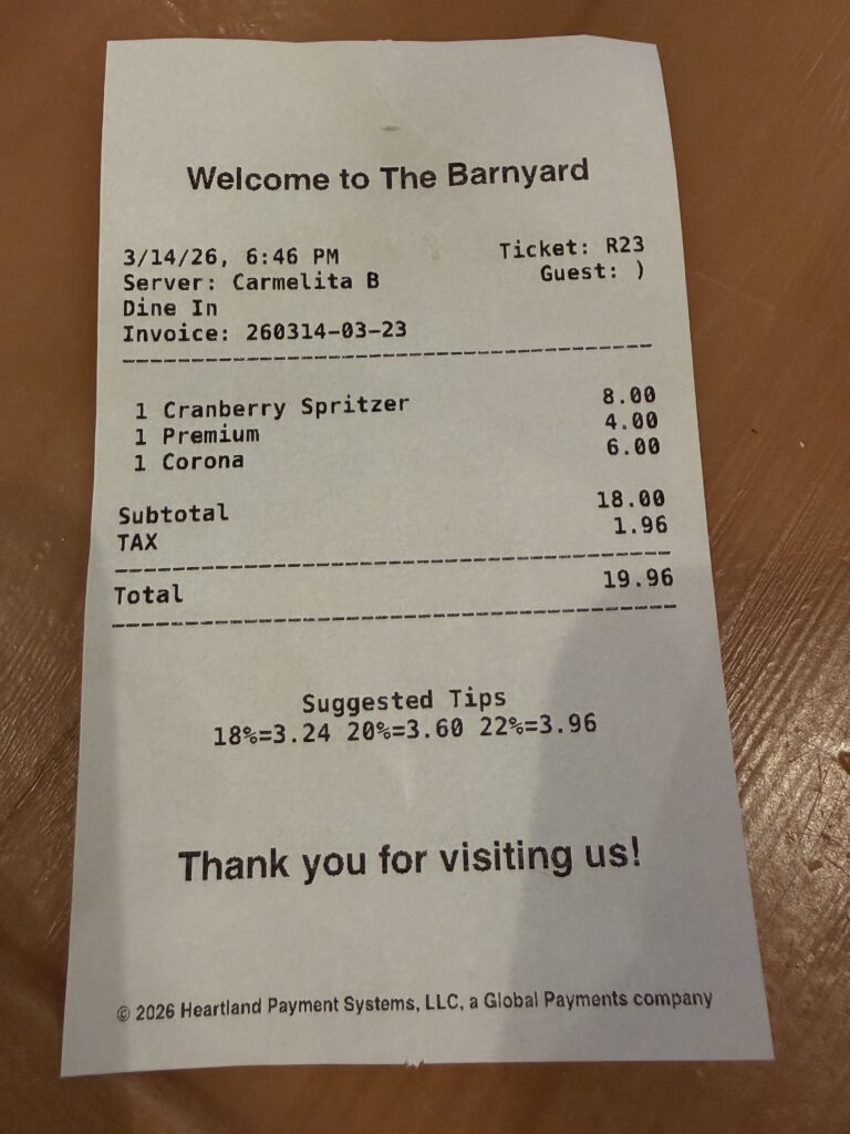 Quittung von The Barnyard mit Cranberry Spritzer, Premium-Getränk und Corona, Gesamtbetrag 19,96 USD