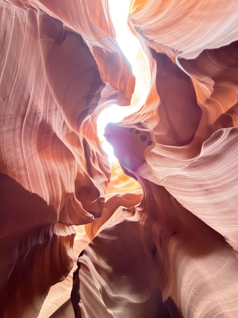 Schmale, geschwungene Sandsteinpassage im Lower Antelope Canyon mit hellem Lichteinfall von oben