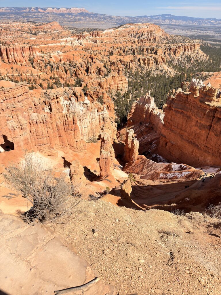 Blick von oben auf Felstürme und Wanderer im Bryce Canyon