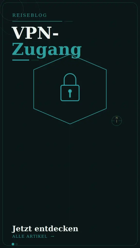 VPN-Zugang für Reisen – Vorhängeschloss-Icon in Sechseck-Design, Reiseblog-Grafik zu sicherem Internet unterwegs