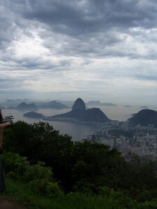 Panoramablick auf den Zuckerhut und die Bucht von Rio de Janeiro, im Vordergrund Blätter und eine Person, Brasilien