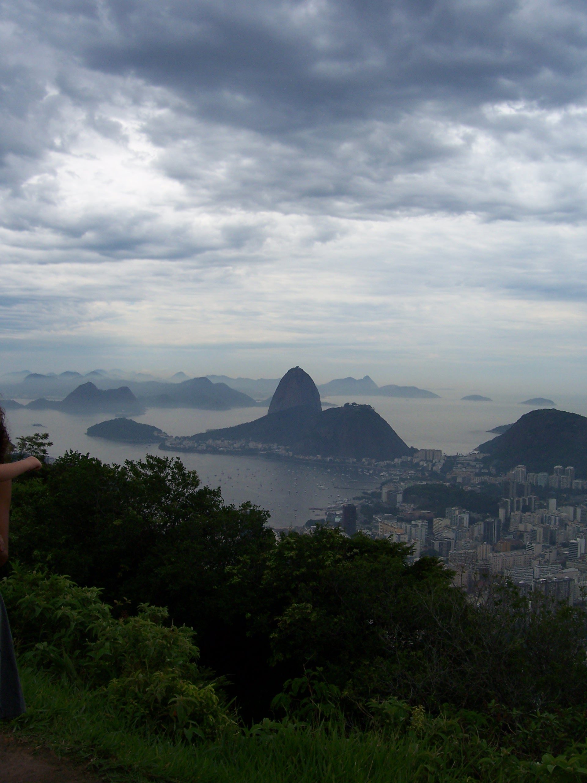 Panoramablick auf den Zuckerhut und die Bucht von Rio de Janeiro, im Vordergrund Blätter und eine Person, Brasilien