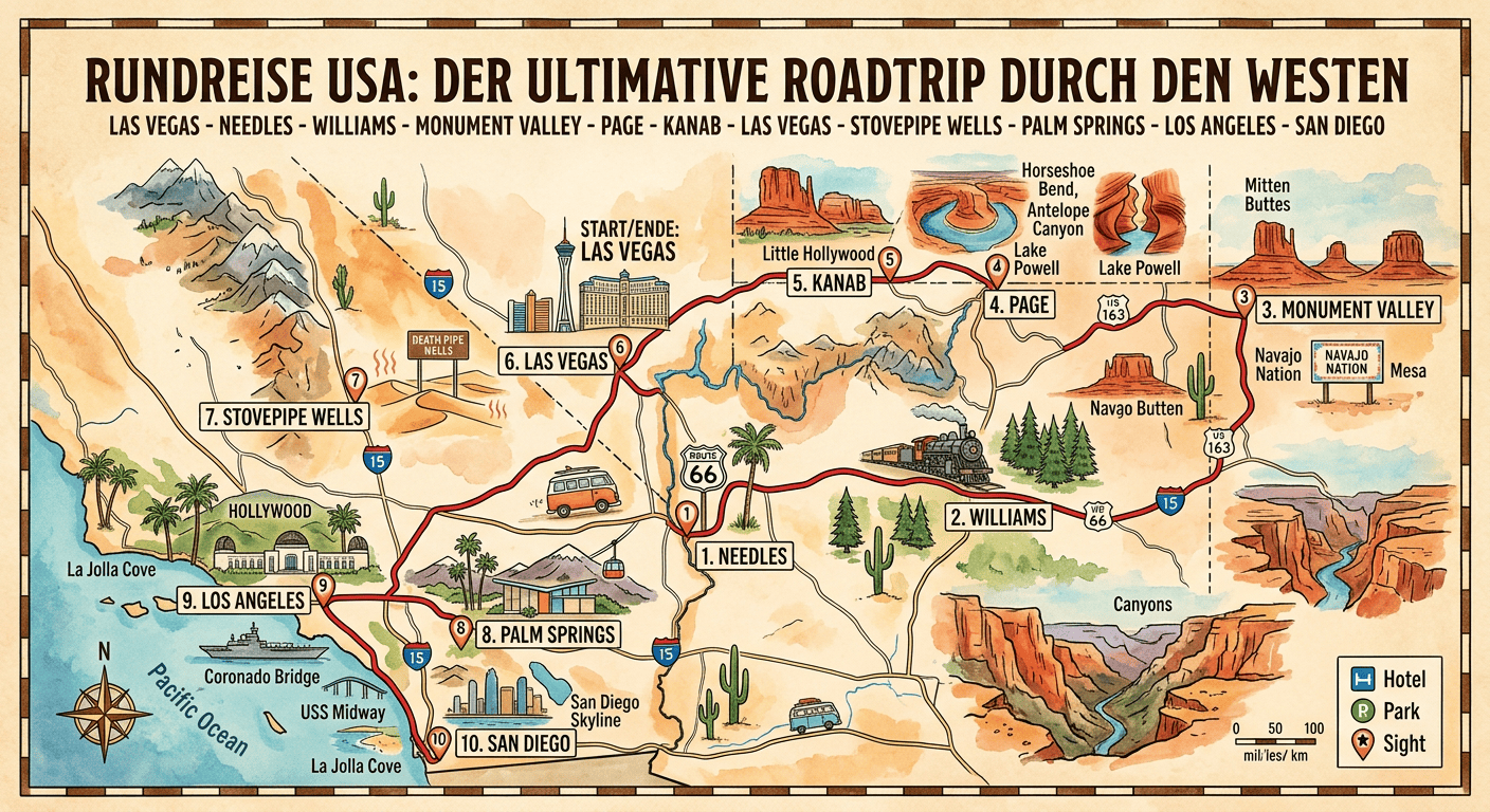Illustrierte Karte der USA-Rundreise durch den Westen mit Route von Las Vegas über Needles, Williams, Monument Valley, Page, Kanab, Stovepipe Wells, Palm Springs, Los Angeles bis San Diego