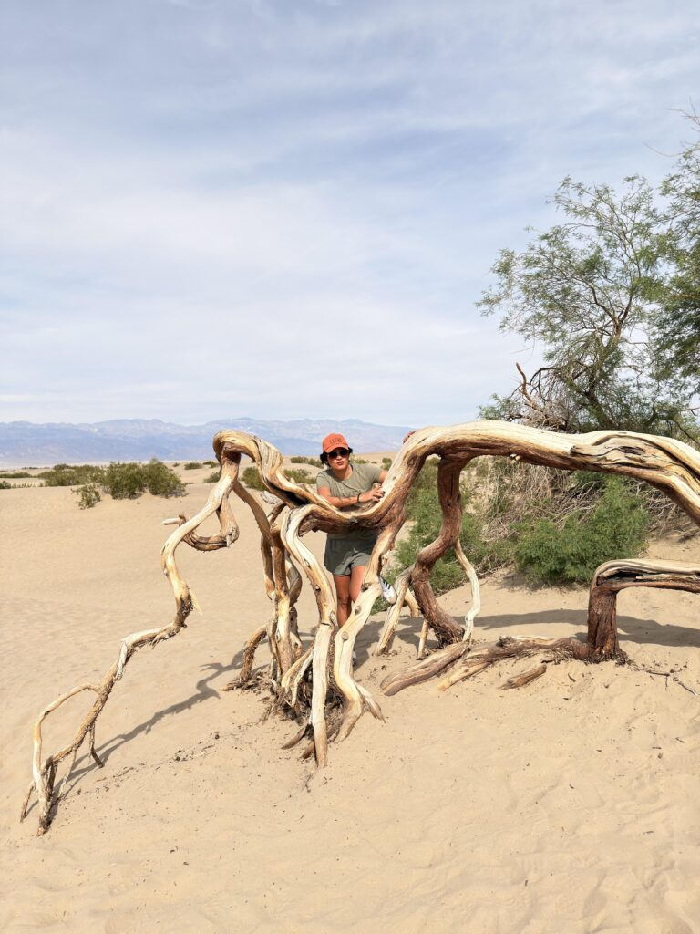 Frau lehnt an einem knorrigen, abgestorbenen Baum inmitten der Mesquite Flat Sand Dunes