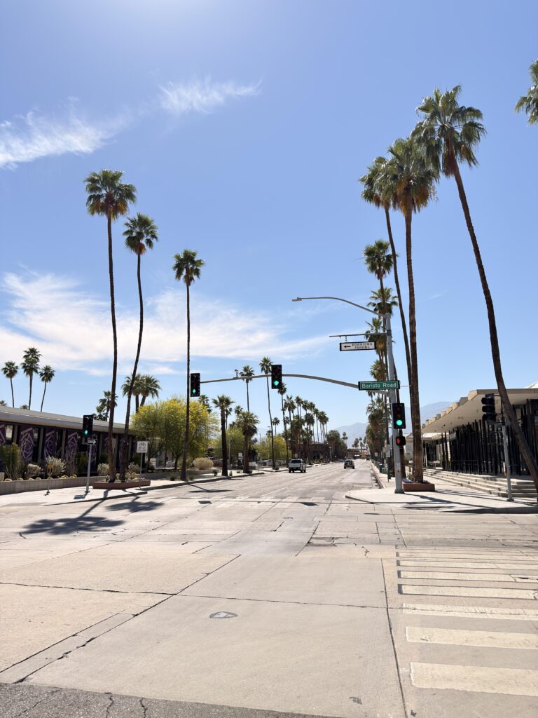 Palmengesäumte Straße im Zentrum von Palm Springs mit Verkehrsschildern